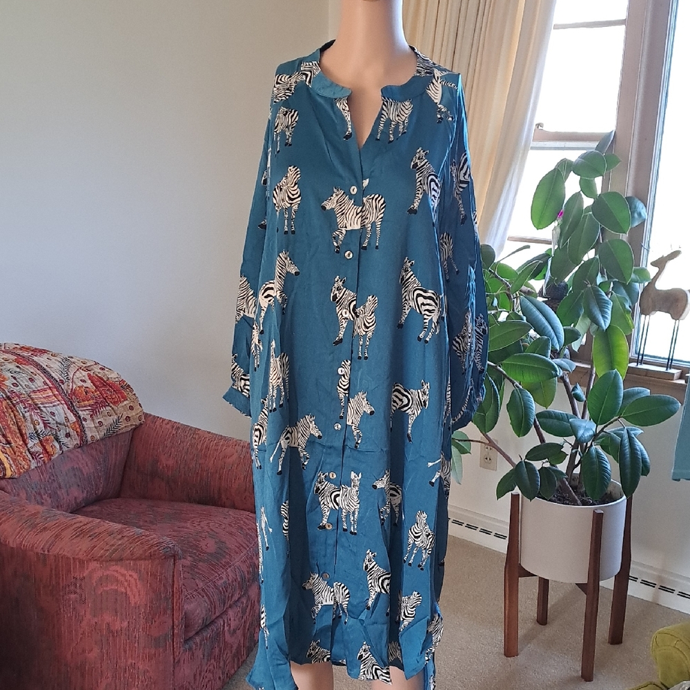 Umgee L Teal Zebra Print Button-Front Dress Ptp 23"
